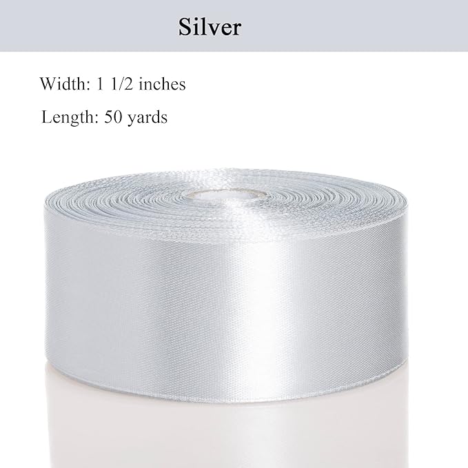 1 1/2 Inch Silver Solid Satin Ribbon, 50 Yards Craft Fabric Ribbon - Image 3