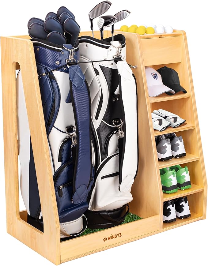 WINGYZ Premium Birch Plywood Golf Bag Storage for 2 Bags | 36lb Rock-Solid Golf Bag Organizer | 7-Shelf Command Center | Artificial Turf 12-Ball Display | No Wall Mounting Required (Natural)