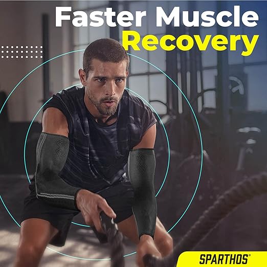 Sparthos Arm Compression Sleeves - Forearm Brace for Recovery, Support for Athletic Sports Running Tennis Baseball Football Gym Weight Lifting Wrist Brace Carpal Tunnel - Mens and Womens (Black-L)