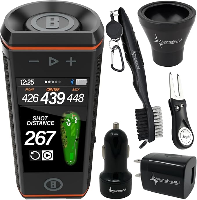 Bushnell Wingman HD View Golf Speaker, 3.5" Touchscreen, GPS Distances, Premium 360° Audio, Waterproof Design, Magnetic Cart Mount with Wearable4U Car/Wall Chargers & Golf Tools Bundle