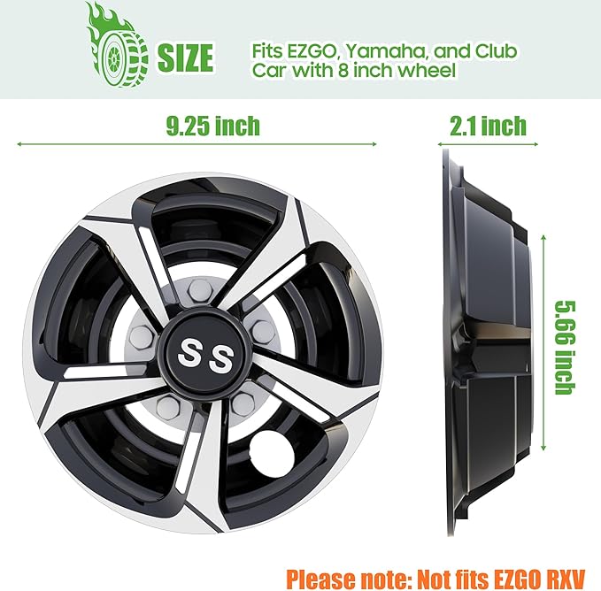 10L0L Golf Cart Wheel Covers Hub Caps for EZGO, Club Car, Yamaha - 8 Inch Snap-on Installation, Set of 4 (Silver-Black)