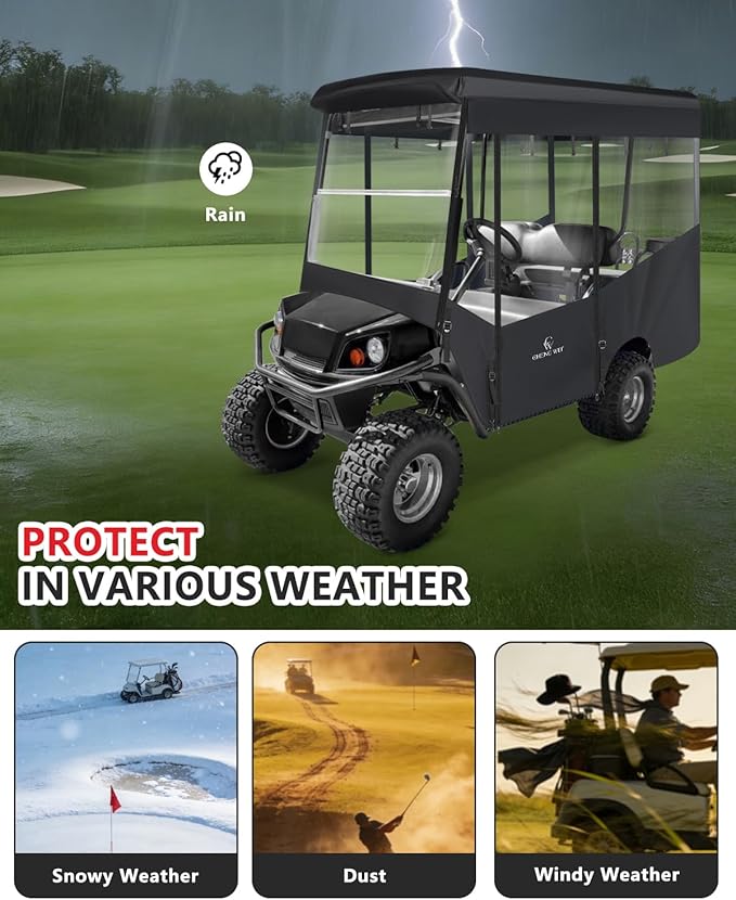 4 Passenger Golf Cart Enclosure for EZGO Express S4 2+2 Seater Long Roof, Waterproof 600D Oxford Driving Rain Cover with Full Roll-Up Clear Windows & Doors