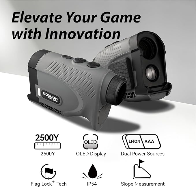 Gogogo Sport Vpro Gen 2 Golf Laser Rangefinder, 1200/2500Y Ranging, Ultra-Clear Optics with 99% Transmission Lens OLED Display, Dual Power Sources，Flaglock/Slope/Magnetic