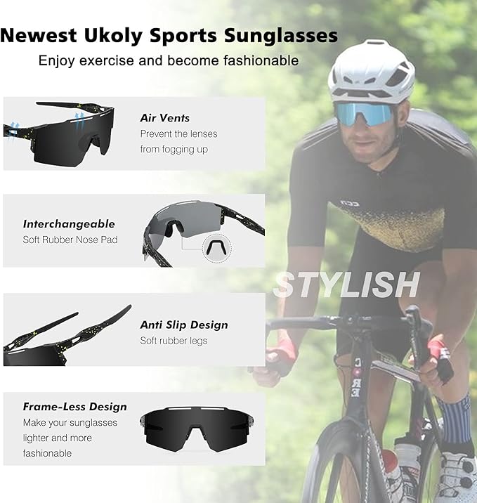 Ukoly Cycling Sunglasses for Men Women with 3 Interchangeable Lenses, Polarized Sports Sunglasses, Baseball Sunglasses