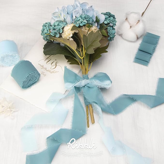 Ribbli Deep Sea Blue Chiffon Ribbon 1-1/2 inch x 20 Yard Handmade Fringe - Image 2