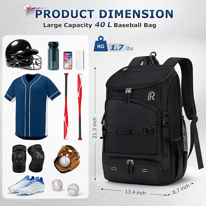 RAINSMORE Baseball Bag for Youth & Adult 40L Large Softball Bag Lightweight Baseball Backpack with Helmet Holder, Shoe Compartment, Fence Hook Waterproof Bat Bag for Baseball Softball Tball Equipment