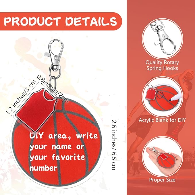 Cunno 36 Pcs Basketball Baseball Softball Tennis Acrylic Keychain Blank Kit 12 Acrylic Keyring 12 Swivel Snap Hook Keychain(Basketball, 1.6 x 0.8 Inch)