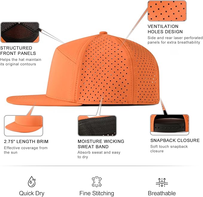 FEINION Men Flat Brim Adjustable Performance Hat Snapback Laser Perforated Baseball Cap
