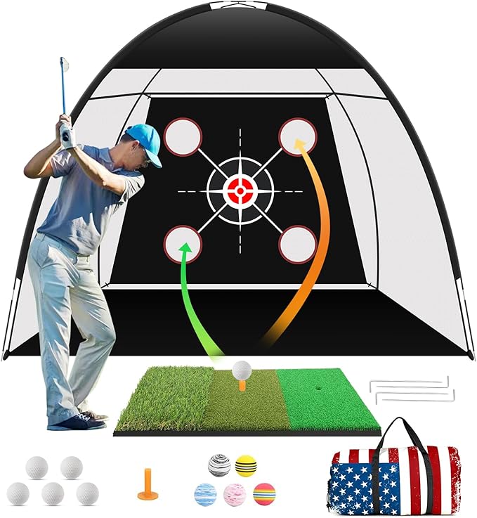 Golf Net Practice 10x7ft with Tri-Turf Mat & Real Balls Set Indoor Outdoor Golf Training Equipment for Backyard Driving Practice Enthusiast Gifts