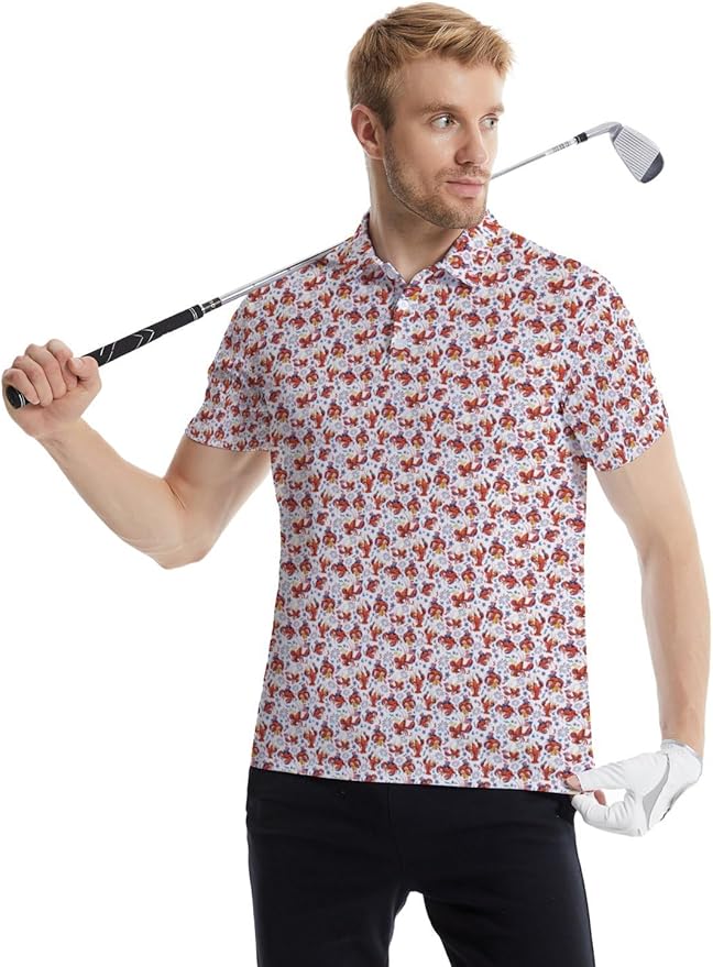 HUURAY Funny Golf Polos for Men Funny Print Short Sleeve Shirts Quick Dry Polo Shirts Hawaiian Shirt Performance Golf Outfits
