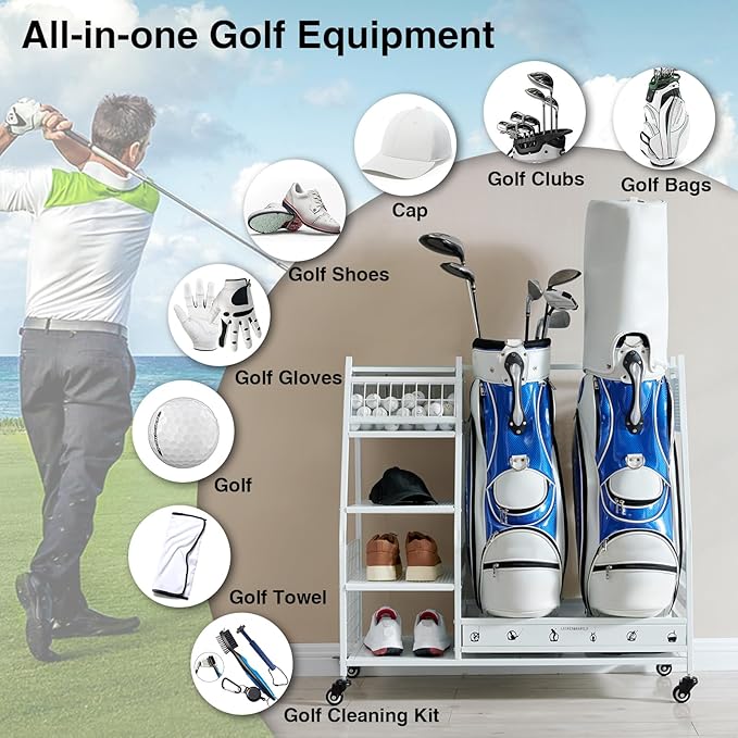 Lauren&Harold Golf Bag Organizer Garage Storage, Golf Storage Rack Stand Fits 2 Golf Bags, Golf Clubs and Other Golfing Equipment Accessories, Golf Organizer for Garage, Club, Shed, Basement