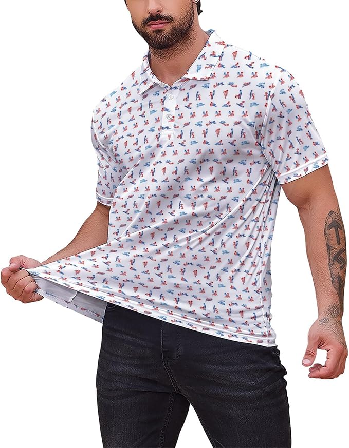 Golf Polo Shirts for Men Funny Print Short Sleeve Golf Shirts Performance Golf Polos