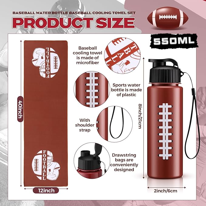 Reallnaive 24 Pcs Sports Water Bottle Cooling Towel Set Include 12 Reusable Sports Squeeze Water Bottle 12 Ice Towel Breathable 40"x12" Cooling Towels for Soccer Team Gift (Football)