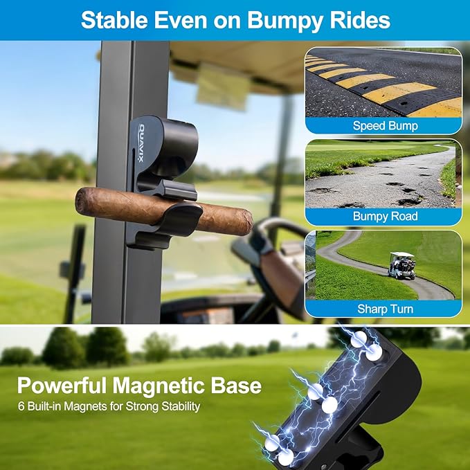 Magnetic Golf Cart Holder Clip with Adjustable Strap, Secure Golf Accessory for Cart, Aluminum Design Fits 30-70 Ring Gauge, Stable Holder for Golf Course Use