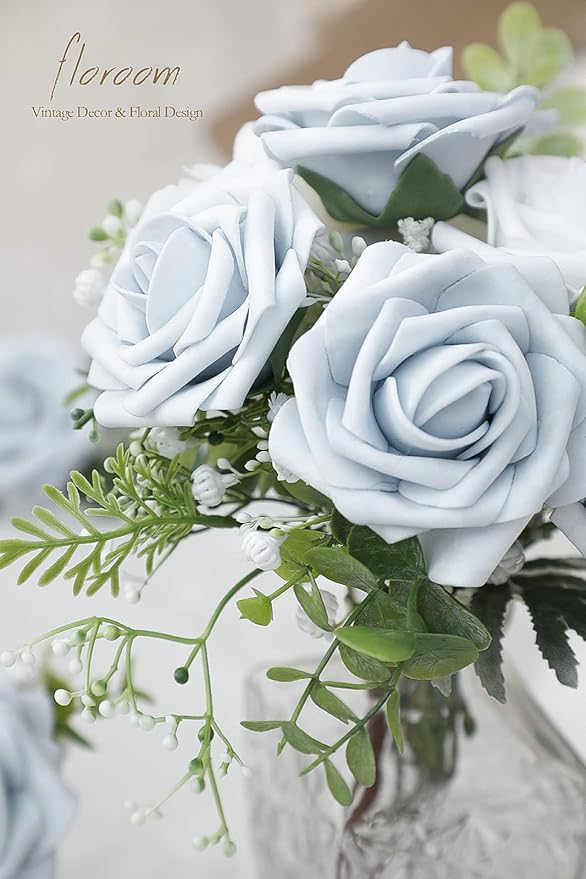 Floroom Artificial Flowers 25pcs Real Looking Powder Blue Foam Fake Roses - Image 3