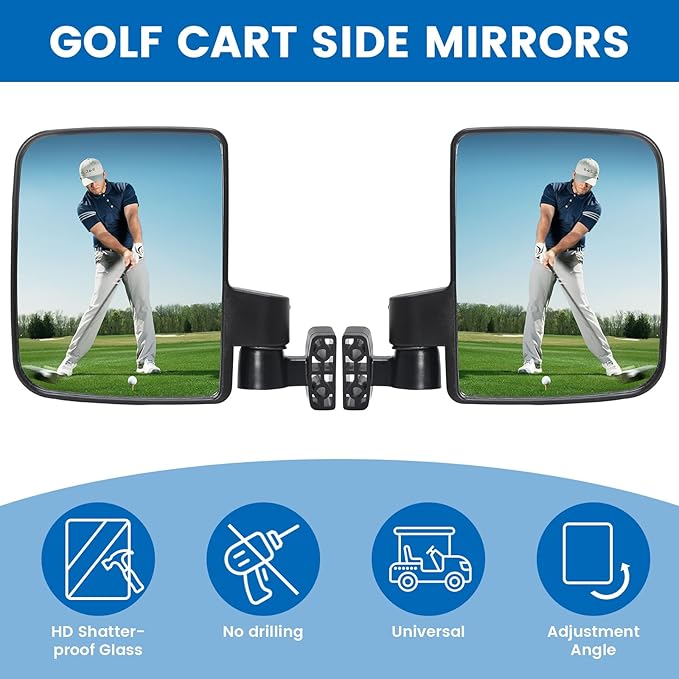 Golf Cart Folding Mirrors, No Drilling Side Rear View Mirrors for Yamaha, Club Car, EZGO, Multi-angle Adjustment (B- Clips-Golf)