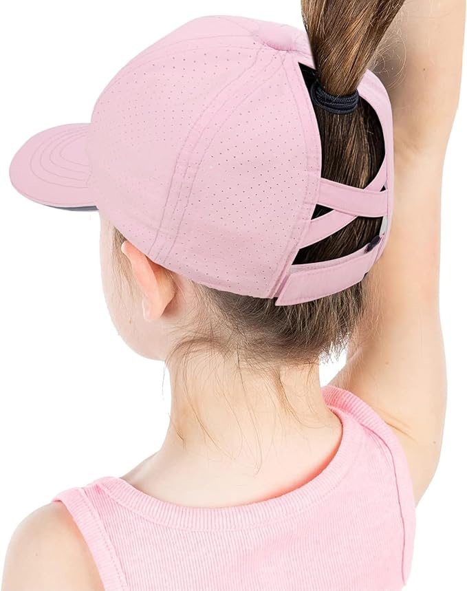 Little Girls Criss Cross Ponytail Hat Toddler Reflective Baseball Cap Kids Quick Dry Summer Sports Hats Age 3-8