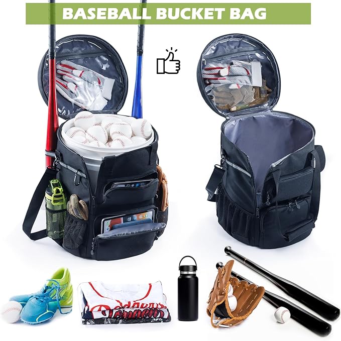 VIGERARI Baseball Bucket Bag- Coach Bag-Expandable Softball Bucket Organizer with Padded Seat
