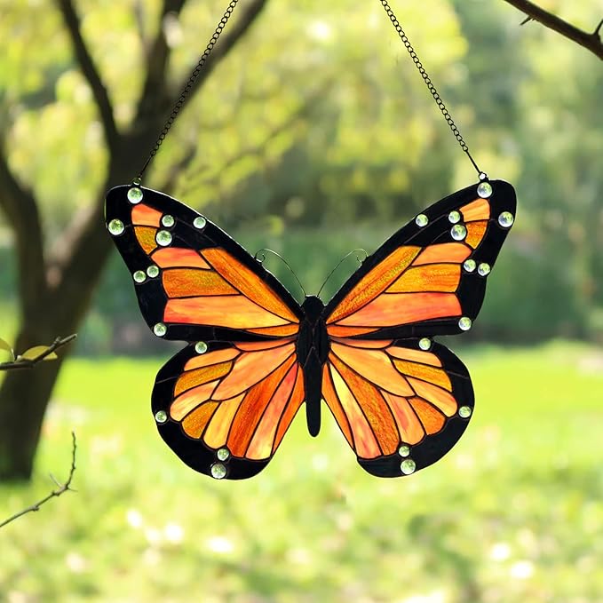 PA0007 Butterfly Stained Glass Hanging Panel 17" Wx12.75 H, Handmade Suncatcher by HomeBeauty