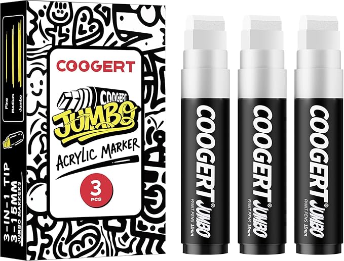 3Pcs White Jumbo Poster Markers, 15MM Thick Permanent Acrylic Graffiti Markers by CoogertPaintPens