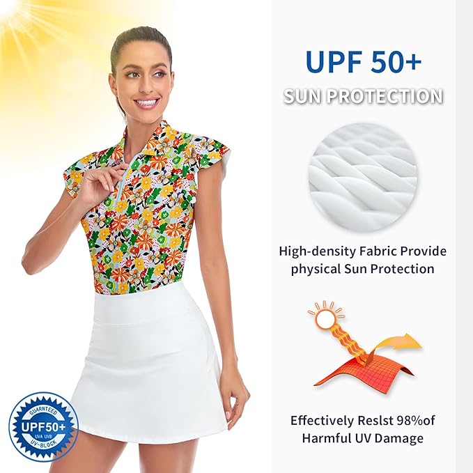 Soneven Womens Petal Sleeve Golf Shirts Moisture Wicking Lady Golf Apparel Print Tennis Sport T Shirt