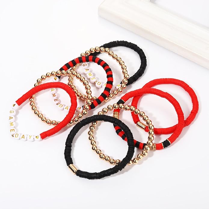 NLCAC 9 Pack Game Day Bracelets Stackable Heishi Beaded Stretchy Bracelet Preppy Jewelry Baseball Football Team Bracelets Sports Fan Accessories Gifts