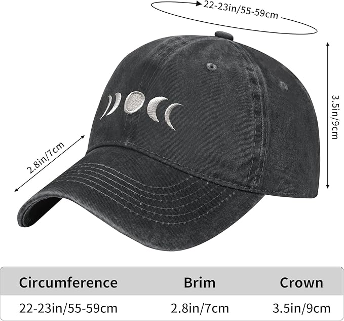 Gothic Goth Crescent Moon Hat, Adjustable Embroidered Washed Baseball Cap for Men Women