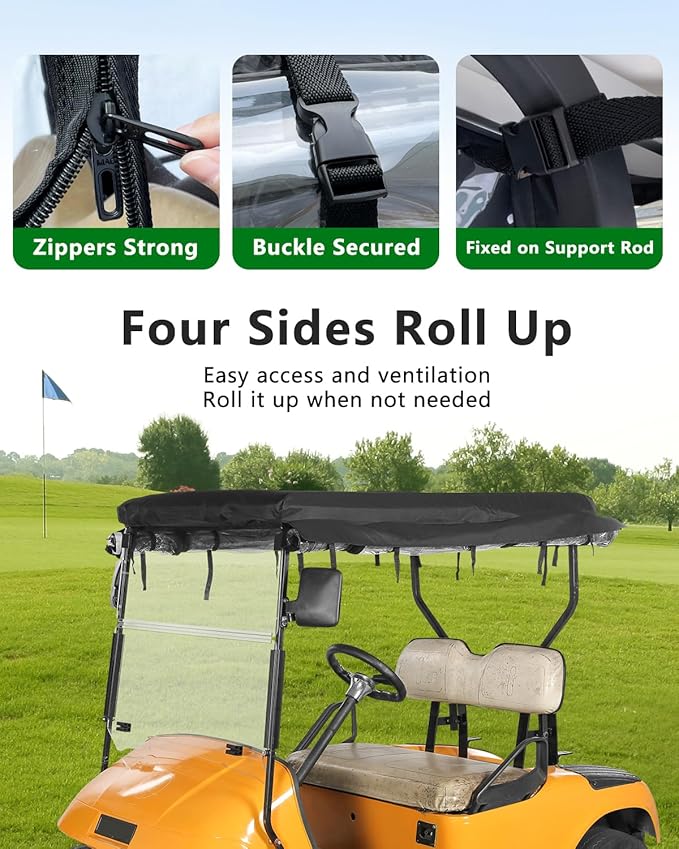 2 Passenger Golf Cart Enclosure for Ezgo TXT, 600D Waterproof Rain Driving Cover with 3 Sided Roll-Up Clear Windows & Doors, Heavy Duty Zippers & Side Mirror Openings