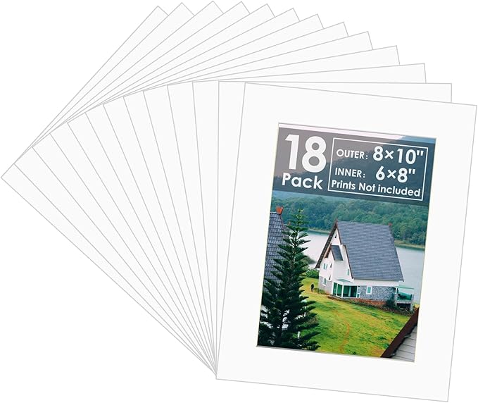 18 Pack Picture Mats, 8x10 for 6x8 Picture Frame Mats, Acid Free Core Bevel Cut by Unknown