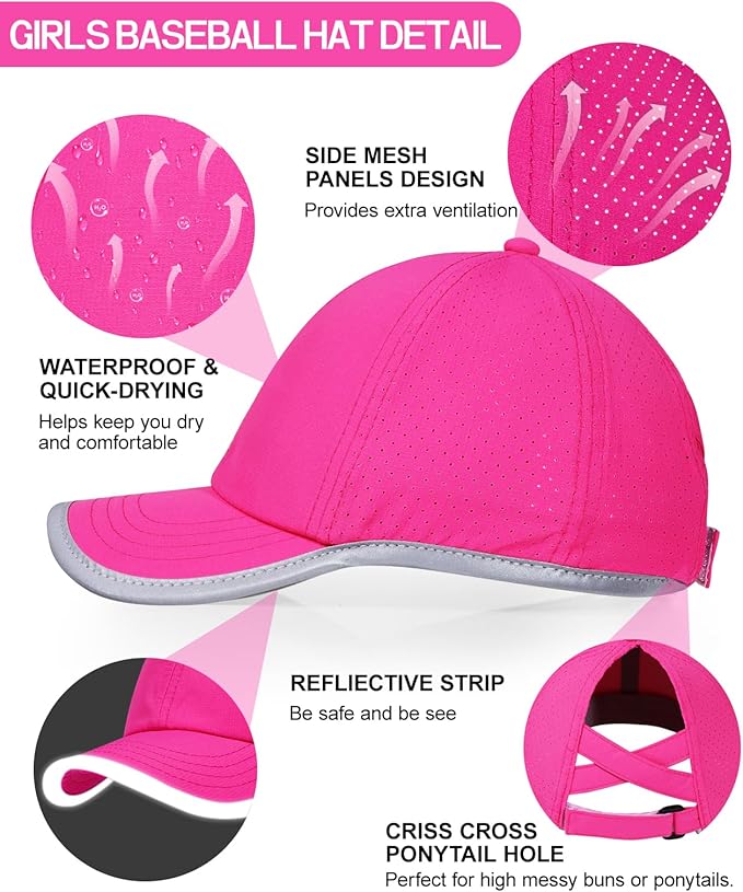 Little Girls Reflective Baseball Cap Criss Cross Ponytail Hat Kids Quick Dry Mesh Summer Sports Hat for Toddler Ages 3-8