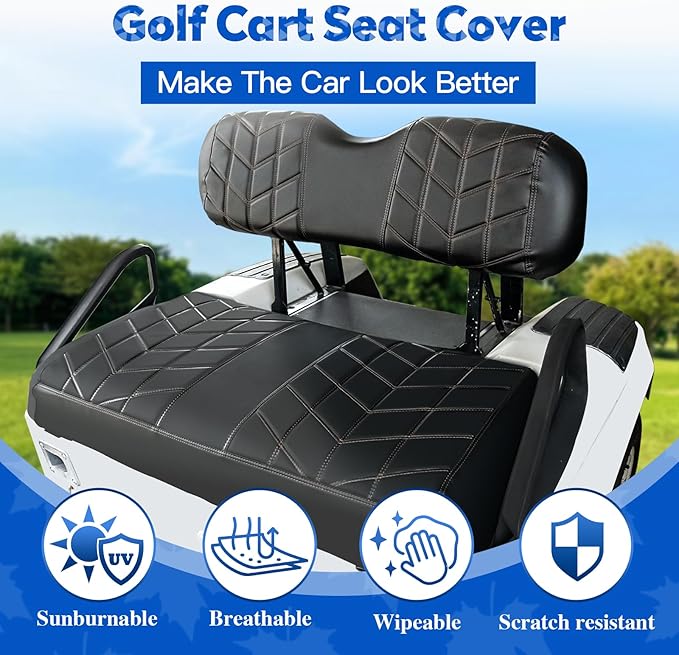 4PCS Golf Cart Seat Covers Kit, Front and Rear Seat Covers,Vinyl Seat Covers Accessories, No Staples（Black&Brown Stitch） (Fits EZGO TXT 1994-2013/EZGO RXV)
