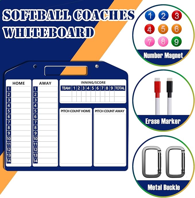 1+44PCS Baseball Coaching Board for Dugout, Dry Erase Lineup Board Softball Clipboard for Coach/ 30 Name Strip/ 10 Number Blocks/ 2 Marker/ 2 Buckle