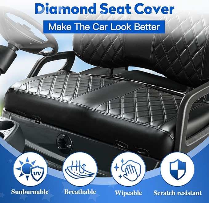 NOKINS Golf Cart Diamond Seat Covers Kit, Fit for Yamaha Drive/Drive2 OEM Standard Front Seat Cushion, No Nails Required & Easy to Clean, Breathable Vinyl Seat Covers (Black&Black Stitching)