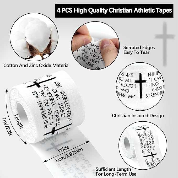 4Pcs Christian Athletic Tape 2in x 23ft Faith Cross Bible Verse Sports Tape Religious Cotton Zinc Oxide Wristbands Jesus Wrist Tapes for Football Baseball Athlete Gymnastics First Aid Injury Wrap
