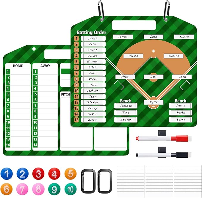 Baseball Coach Clipboard, Anglecai Double-Sided Dry Erase Baseball Lineup Board for Softball Dugout Board Baseball Coaching Board with 30 Lineup Card/ 10 Magnet/2 Marker/2 Hook (Green)
