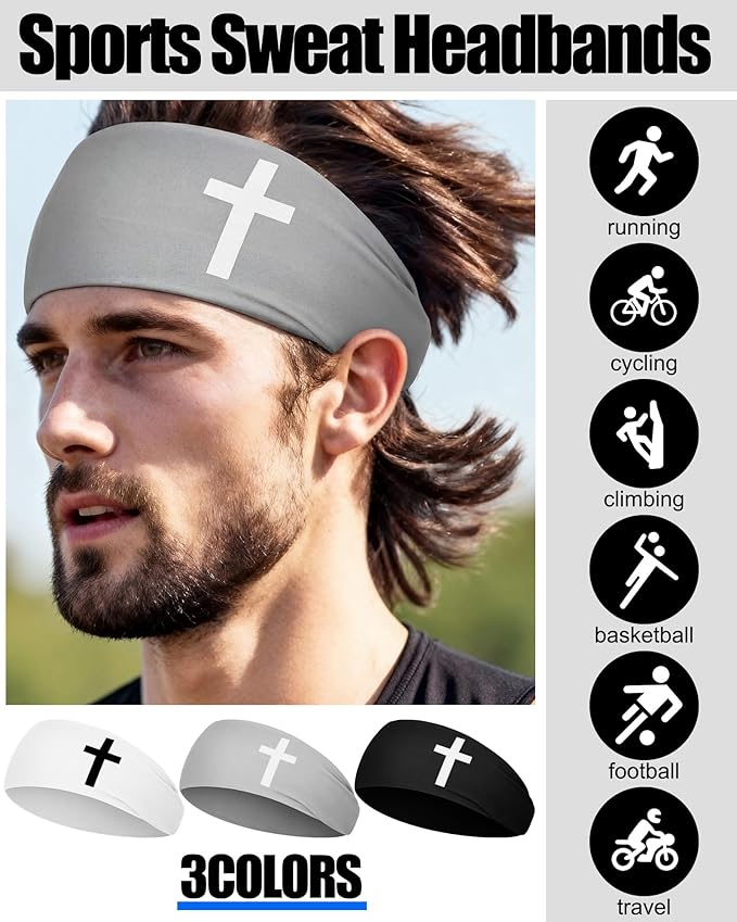 Shihanee 3 Pcs Christian Headbands for Men Jesus Cross Athletic Sweat Bands Christian Workout Accessories Moisture Wicking Sports Hairbands for Football Baseball Basketball Running Training