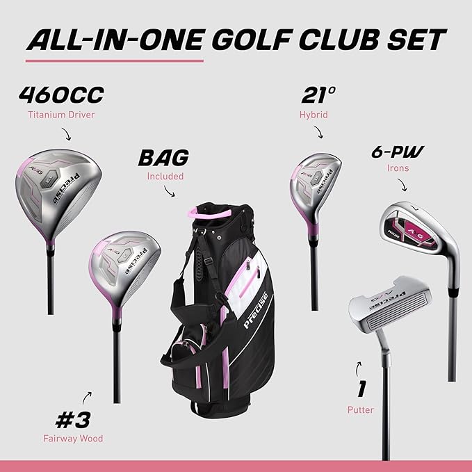 Precise AMG Women's Golf Clubs Full Set – Petite, Regular & Tall Sizes | Beginner & Intermediate | Right Handed | Driver, Fairway, Hybrid, Irons, Putter & Stand Bag
