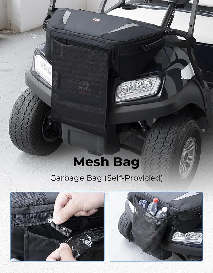 KEMIMOTO Golf Cart Cooler Bag, Fits 20-30 11oz Cans, Insulated with Drain Plug, Reflective Finish, Handy Pockets, Golf Cart Accessories Gifts for Golfers Men, Compatible with EZGO Club Car