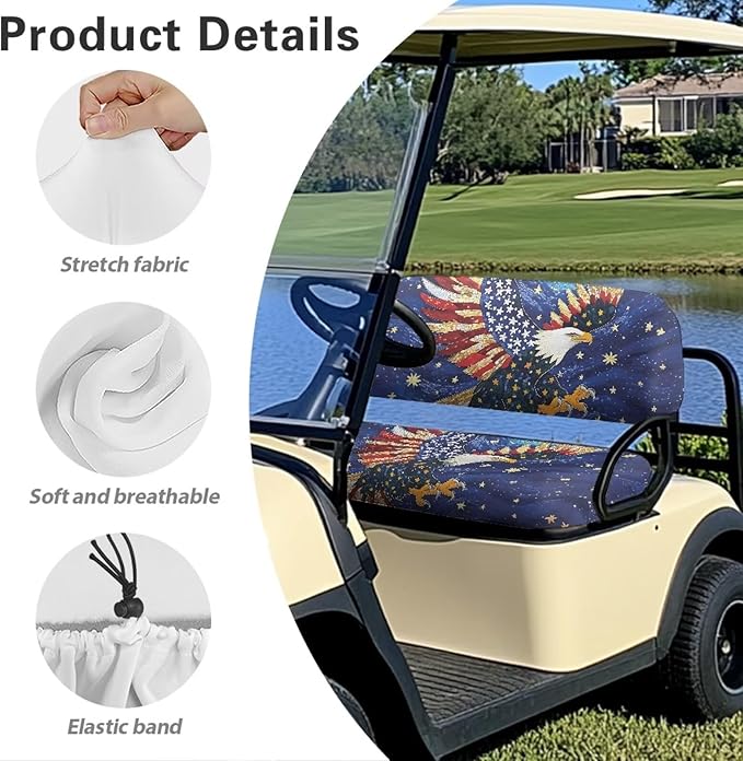 Bulopur Eagle American Flag Golf Cart Seat Covers Set for Ezgo Club Car Golf Cart Dust Covers for Bench and Backrest, Removable Golfcart Accessory