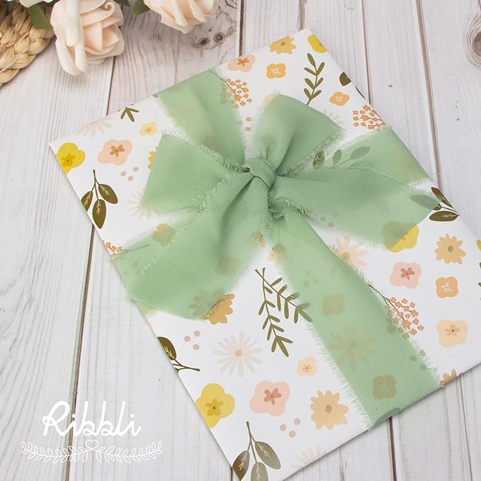 Ribbli Sage Green Chiffon Ribbon 1-1/2 inch x 30 Yard Handmade Fringe Chiffon - Image 5