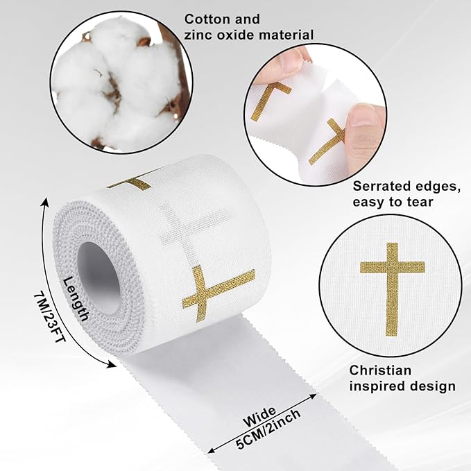 Geiserailie Christian Athletic Tape with Cross Sport Tape 2IN X 23FT Wrist Wrap for Football Baseball Soccer Religious Gift for Mother's Day Father's Day Nurses Week Christian Church(Gold)