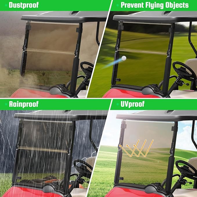 5MM Thick Upgrade PC Foldable EZGO RXV Golf Cart Windshield with Heavy Duty Hinges Only Fit for 2008-Up EZGO RXV with 1.25" Struts Rail, Anti-UV Impact Resistant Golf Cart Windshield