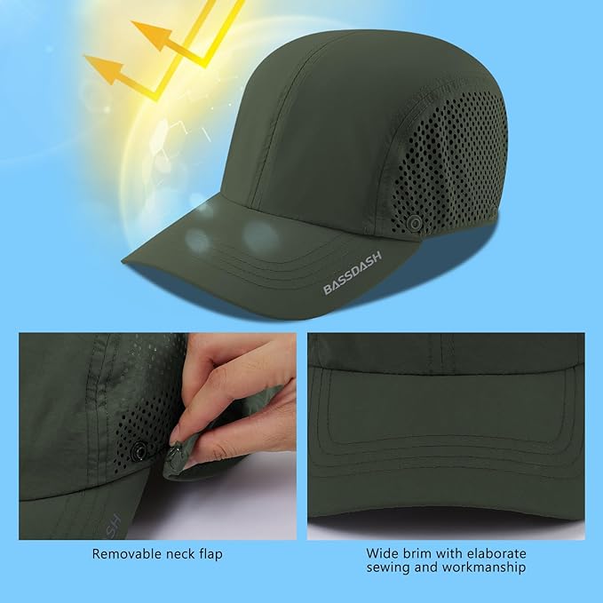 BASSDASH UPF 50+ Foldable Fishing Hat Baseball Cap with Removable Neck Flap Portable for Men Women Golf Hiking