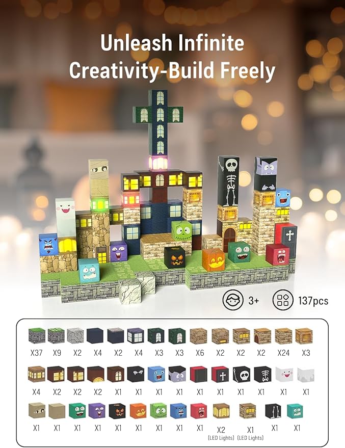 Magnetic Blocks -137PCS Lights Halloween Building Blocks, World Magnetic Tiles - Image 3
