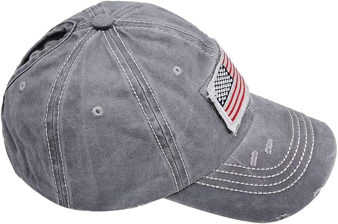 Women American Flag Ponytail Hat, Embroidery Adjustable Washed Distressed Messy Bun Baseball Cap …