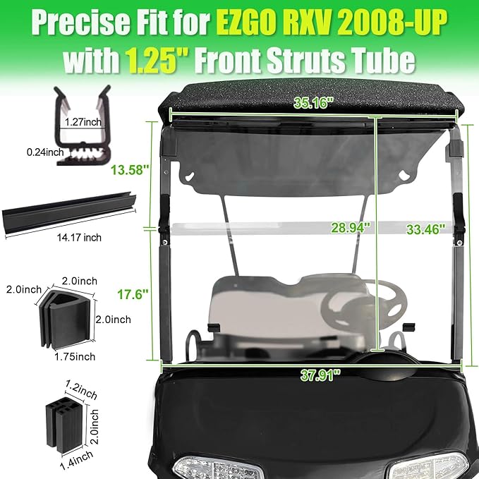 5MM Thick Upgrade PC Foldable EZGO RXV Golf Cart Windshield with Heavy Duty Hinges Only Fit for 2008-Up EZGO RXV with 1.25" Struts Rail, Anti-UV Impact Resistant Golf Cart Windshield