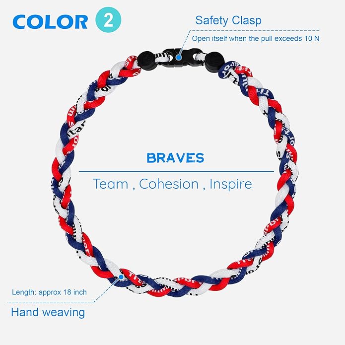 3 pcs Baseball Rope Necklaces, League Team Colors Braided Necklace, Baseball Team Gifts