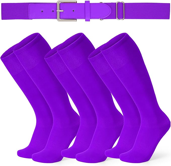 XZQTIVE 3 Pairs of Baseball Softball Socks and 1 Baseball Softball Belt Combo Set Knee-High Soccer Socks for Kids Youth Adult