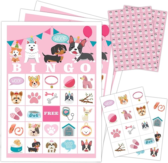 Puppy Dog Party Bingo Game Cards, Animal Themed Bingo Card by mermermu