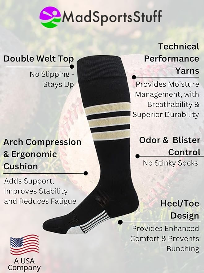 MadSportsStuff Softball Socks Baseball Socks | White & Team Colors | USA Made | Sizes for Girls, Youth Boys, Men & Women